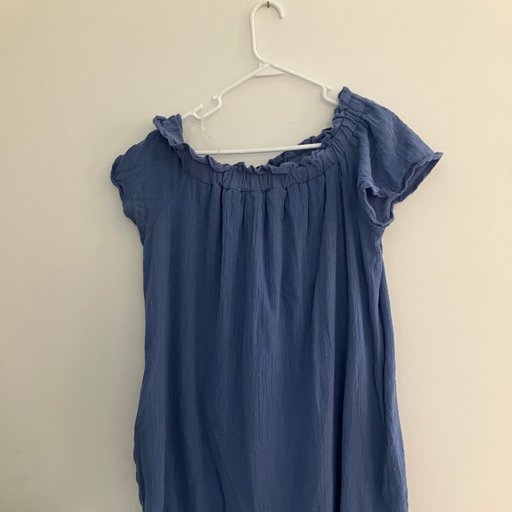 Blue Knee Length Maternity Dress with Pockets